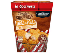 Tiras de pechuga 100% de pollo marinadas y rebozadas al estilo americano LA COCINERA Recetas crujientes 350 g.