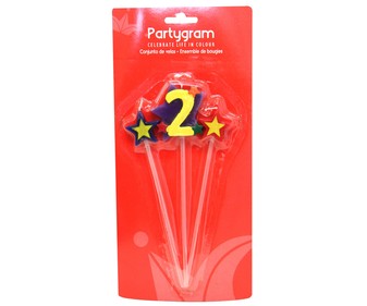 Pack de tres velas de cumpleaños, 2 estrellas y número 2 PARTYGRAM. Pack de tres velas de cumpleaños, 2 estrellas y número 2 PARTYGRAM.