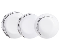 Vajilla de 18 piezas redondas fabricadas en vidrio opal color blanco con detalle lateral de lineas negras, Domitille ARCOPAL.