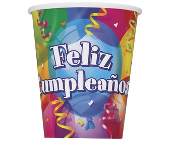 Pack de 8 vasos desechable decorado Feliz cumpleaños, 0,25 litros de capacidad PARTYGRAM. Pack de 8 vasos desechable decorado Feliz cumpleaños, 0,25 litros de capacidad PARTYGRAM.