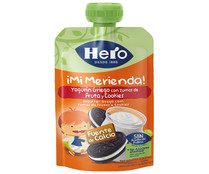 Bolsita de yogur griego líquido con zumo de frutas y cookies HERO Mi merienda 100 g.