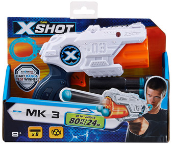 Lanzador MK 3 con 8 dardos incluidos, distancia hasta 4 metros, XSHOT. Lanzador MK 3 con 8 dardos incluidos, distancia hasta 4 metros, XSHOT.