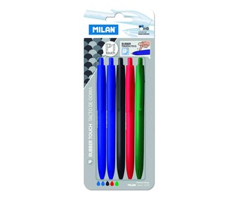 5 bolígrafos grip suave, punta retráctil fina, tinta líquida azul, negra, roja y verde MILAN P1.