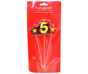 Pack de tres velas (2 estrellas y número 5) PARTYGRAM. Pack de tres velas (2 estrellas y número 5) PARTYGRAM.