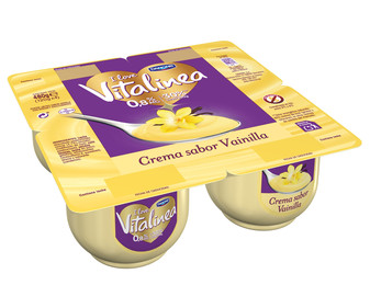 Crema de vainilla con solo el 0.8& de materia grasa y sin gluten VITALINEA de Danone 4 x 120 g. Crema de vainilla con solo el 0.8& de materia grasa y sin gluten VITALINEA de Danone 4 x 120 g.