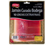 Jamón curado bodega, cortado en lonchas extrafinas ESPUÑA 120 g.