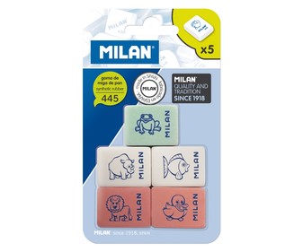 5 gomas de borrar del tipo miga de pan, de varios colores y con dibujitos de animales MILÁN Nº 445.
