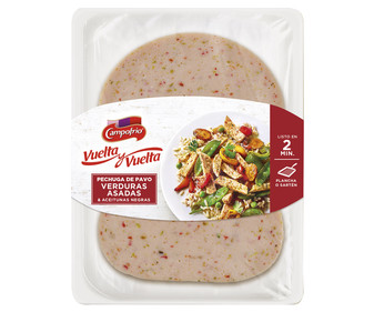 Pehcuga de pavo con verduras asadas y aceitunas negras CAMPOFRÍO Vuelta y vuelta 190 g. Pehcuga de pavo con verduras asadas y aceitunas negras CAMPOFRÍO Vuelta y vuelta 190 g.