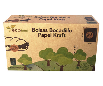 Bolsas de bocadillo papel Kraft 10 x 35 x 5,5 cm ECOFAMI 20 uds. Bolsas de bocadillo papel Kraft 10 x 35 x 5,5 cm ECOFAMI 20 uds.
