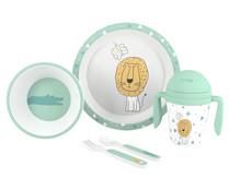 Vajilla de 5 piezas para bebé, apta para el microondas, INTERBABY Mint león.