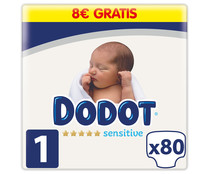 Pañales talla 1 para bebes de 2 a 5 kilogramos DODOT Sensitive 80 uds.