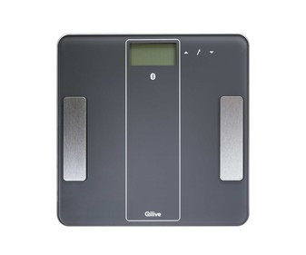 Báscula electrónica para baño, de color gris, con base de cristal templado y bluetooth QLIVE.