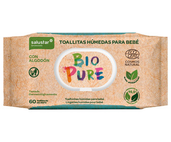 Toallitas humedas para bebé, con algodón y dermatológicamente testadas SALUSTAR Bio pure 60 uds. Toallitas humedas para bebé, con algodón y dermatológicamente testadas SALUSTAR Bio pure 60 uds.