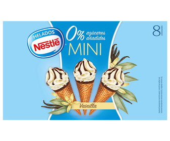 Mini conos de vainilla con chocolate y sin azúcares añadidos NESTLÉ 8 x 60 ml. Mini conos de vainilla con chocolate y sin azúcares añadidos NESTLÉ 8 x 60 ml.