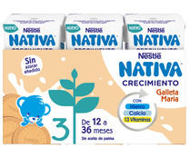 Leche (3) de crecimiento con galleta Maria, de 12 a 36 meses NATIVA de Nestlé 3 x 180 ml.