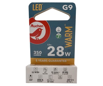 Bombilla LED G9 3,5w=40w luz cálida 350 lumens, PRODUCTO ALCAMPO. Bombilla LED G9 3,5w=40w luz cálida 350 lumens, PRODUCTO ALCAMPO.