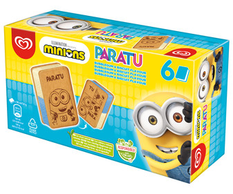 Sándwich relleno de helado con sabor a galleta y chicle MINIONS de Frigo 6 x 90 ml. Sándwich relleno de helado con sabor a galleta y chicle MINIONS de Frigo 6 x 90 ml.
