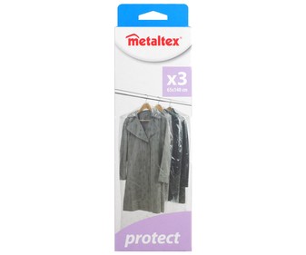 Juego de 3 fundas protectoras con tamaño ideal para abrigos, 65x140cm. METALTEX pack de 3 unidades. Juego de 3 fundas protectoras con tamaño ideal para abrigos, 65x140cm. METALTEX pack de 3 unidades.