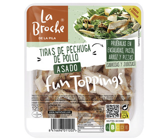 Tiras de pechuga de pollo asado, ideales para ensaladas, arroces y pizzas LA BROCHE 125 g. Tiras de pechuga de pollo asado, ideales para ensaladas, arroces y pizzas LA BROCHE 125 g.
