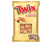 Barritas de chocolate (caramelo y galleta cubiertos de chocolate con leche) TWIX Minis 170 gramos.