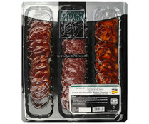 Surtido de ibéricos compuesto por lomo, chorizo y salchichón ibéricos de cebo (50% raza ibérica) AZUAGA 140 g.