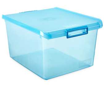 Caja ordenación multiúsos con tapa fabricada en plástico color turquesa translúcido, 35l. TATAY. Caja ordenación multiúsos con tapa fabricada en plástico color turquesa translúcido, 35l. TATAY.