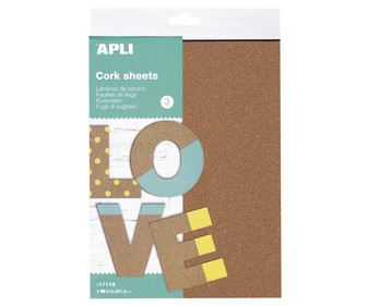 Pack de 3 hojas de corcho tamaño A4, APLI. Pack de 3 hojas de corcho tamaño A4, APLI.