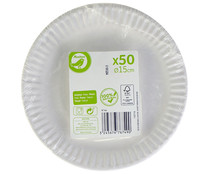 Pack de 50 platos de postre de 15cm fabricados en cartón color blanco, ESSENTIAL.