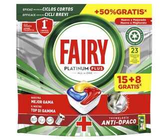 Detergente para lavavajillas a máquina con aroma a limón FAIRY Platinum Plus 15+8 lavados 411 g. Detergente para lavavajillas a máquina con aroma a limón FAIRY Platinum Plus 15+8 lavados 411 g.