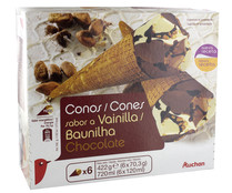 Conos de helado de vainilla y chocolate con trocitos de almendra caramelizada PRODUCTO ALCAMPO 6 x 120 ml.