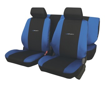 Juego de fundas para asientos de automóvil de talla única y fabricadas en poliester de color negro con los laterales en azul CAR FACTORY Daytona. Juego de fundas para asientos de automóvil de talla única y fabricadas en poliester de color negro con los laterales en azul CAR FACTORY Daytona.