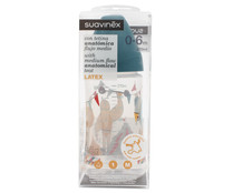 Biberón de flujo medio, con tetina anatomica de látex y sistema anti-colicos SUAVINEX.