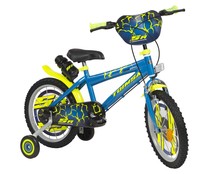 Bicicleta infantil 16" color azul y amarillo diseño Rayos con portabotellas y botella, TOIMSA.