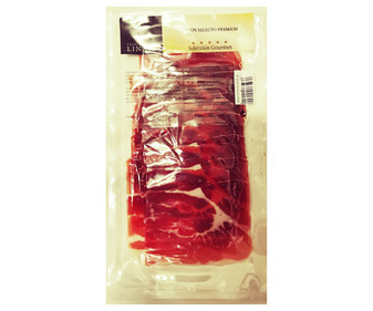 Jamón curado cortado en lonchas y envasado al vacio PRIMER LINAJE Selección gourmet 100 g. Jamón curado cortado en lonchas y envasado al vacio PRIMER LINAJE Selección gourmet 100 g.