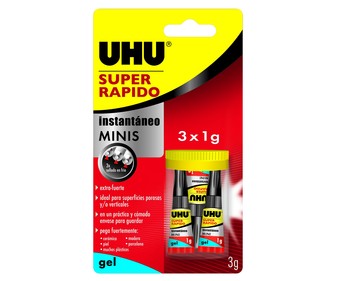 3 mini tubos de adhesivo extrafuerte e instantáneo de 1 g UHU. 3 mini tubos de adhesivo extrafuerte e instantáneo de 1 g UHU.