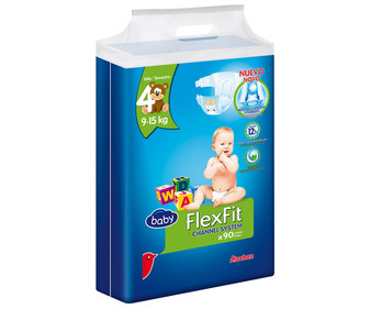 Pañales talla 4 para bebés de 9 a 15 kilos ALCAMPO BABY Flexfit 90 uds. Pañales talla 4 para bebés de 9 a 15 kilos ALCAMPO BABY Flexfit 90 uds.