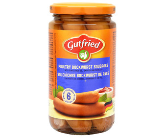 Salchichas tipo Bockwurst de ave, ahumadas y sin piel GUTFRIED 180 g. Salchichas tipo Bockwurst de ave, ahumadas y sin piel GUTFRIED 180 g.