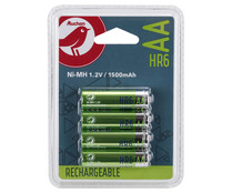 Pack de 4 pilas recargables AA, Ni-MH, HR06, PRODUCTO ECONÓMICO ALCAMPO, 1500 mAh.