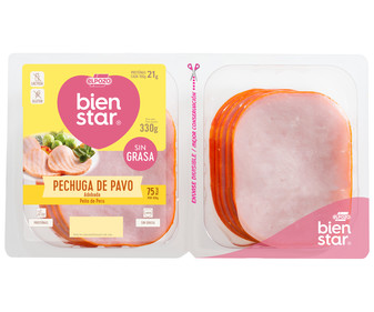Pechuga de pavo adobada, cortada en lonchas EL POZO Bienstar 330 g. Pechuga de pavo adobada, cortada en lonchas EL POZO Bienstar 330 g.