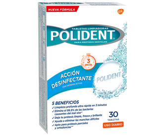 Pastillas limpiadoras de prótesis dentales, con acción desinfectante POLIDENT 30 uds. Pastillas limpiadoras de prótesis dentales, con acción desinfectante POLIDENT 30 uds.