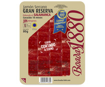 Jamón serrano gran reserva, con curación de 18 meses y cortado en finas lonchas BOADAS 1880 80 g.