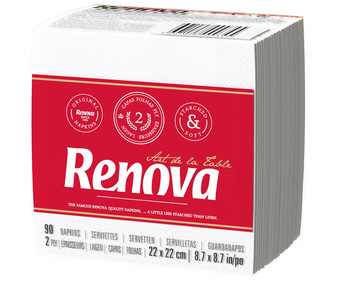 Servilletas de papel desechables blancas, 22 x 22 cm doble capa RENOVA 90 uds. Servilletas de papel desechables blancas, 22 x 22 cm doble capa RENOVA 90 uds.