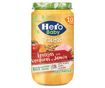 Tarrito de lentejas con verduras y jamón, a partir de 10 meses HERO BABY Trocitos 235 g.