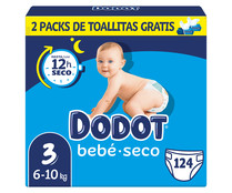 Pañales talla 3, para niños de 6 a 10 kilogramos DODOT Bebé-seco 124 uds.