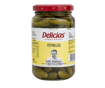 Pepinillos pequeños en vinagre extra DELICIAS frasco de 200 g.