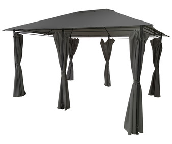 Cenador de jardín color gris con 6 cortinas, 3x4x2,65 cm, GARDENSTAR ALCAMPO.