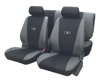Juego de fundas para asientos de automóvil de talla única y fabricadas en poliester de color negro y gris ERMA Suzuka. Juego de fundas para asientos de automóvil de talla única y fabricadas en poliester de color negro y gris ERMA Suzuka.