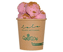 Tarrina de helado artesanal de tarta de queso y frambuesas con topping de galletas LOLO 475 ml.