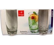 3 vasos altos con capacidad de 41 centilitros, fabricados en vidrio transparente, Galassia BORMIOLI.