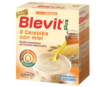 Papilla instantánea de 8 cereales dextrinados con miel, para bebés a partir de 5 meses BLEVIT Plus 600 g.
